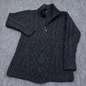 Aran Woollen Mills Cardigan Sweater Women L Blue Gray Full Zip Cable Merino Wool